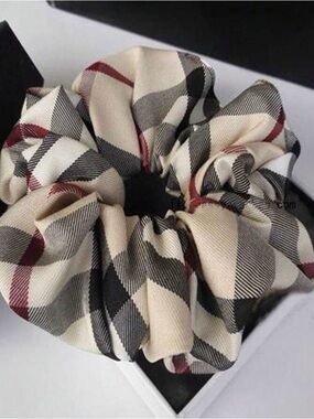 Plaid Fabric Scrunchie in Cream, Black & Burgundy